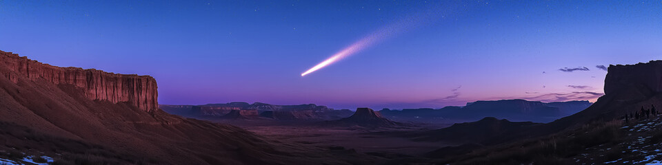 Breathtaking desert landscape with a comet streaking across the night sky, perfect for wall art, posters, or as a stunning background for travel-themed designs.