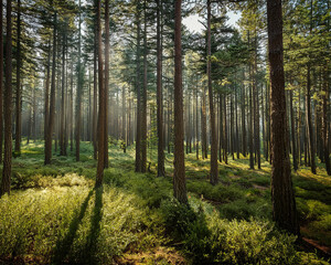 Fototapeta premium Morning fog envelops a dense pine forest, highlighting tall trees and grass, evoking a sense of mystery and tranquility, ai.