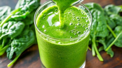 Freshly Blended Green Smoothie with Spinach and Healthy Ingredients in a Glass with Vibrant Color on a Wooden Table Surrounded by Fresh Spinach Leaves