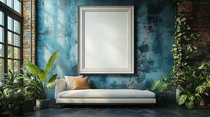 White Chaise Lounge Against Teal Wall With Large Frame