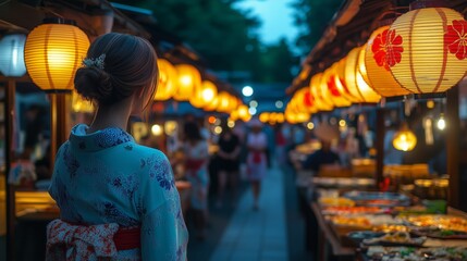 Obraz premium Visitors enjoy food stalls under glowing lanterns