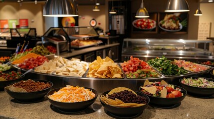 A colorful taco salad bar with options like seasoned ground beef, grilled chicken