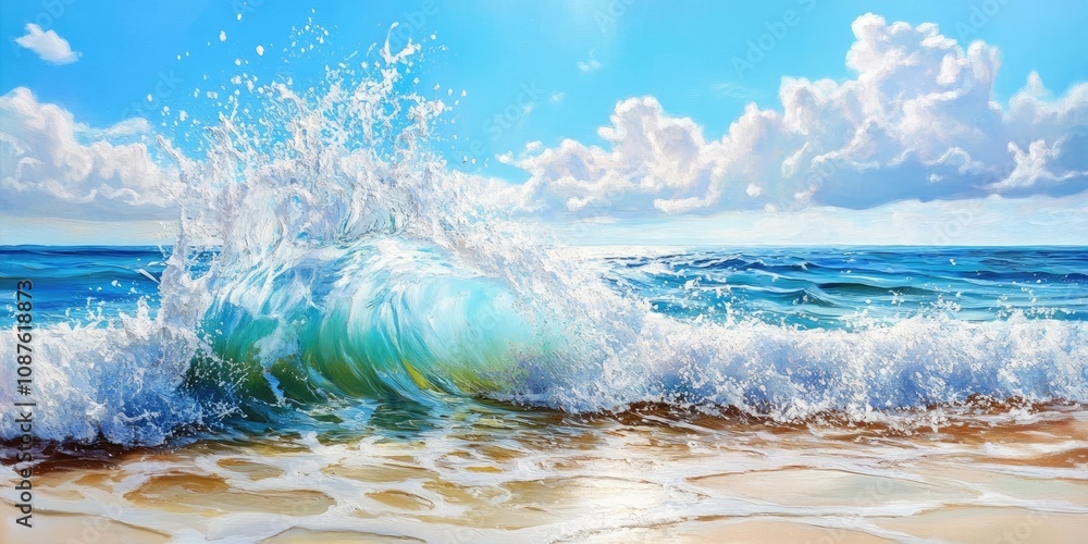 Poster radiant summer day featuring splashing waves on the ocean, creating a vibrant scene of natural beaut