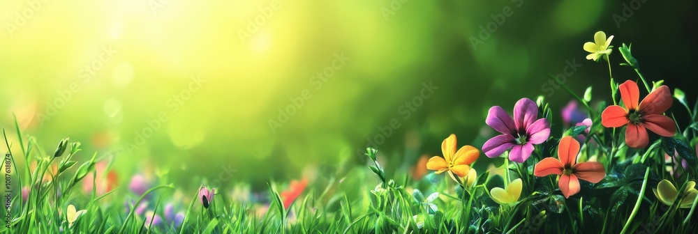 Poster wildflowers in various colors flourish on a green meadow, creating a cheerful atmosphere under the w