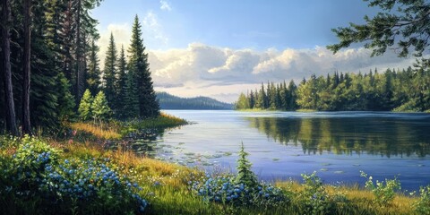 Fototapeta premium Lake shore featuring serene water, lush coniferous forest, and blueberry bushes by the water s edge, creating a tranquil lake shore environment perfect for nature lovers.