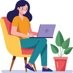 a girl is using his laptop vector