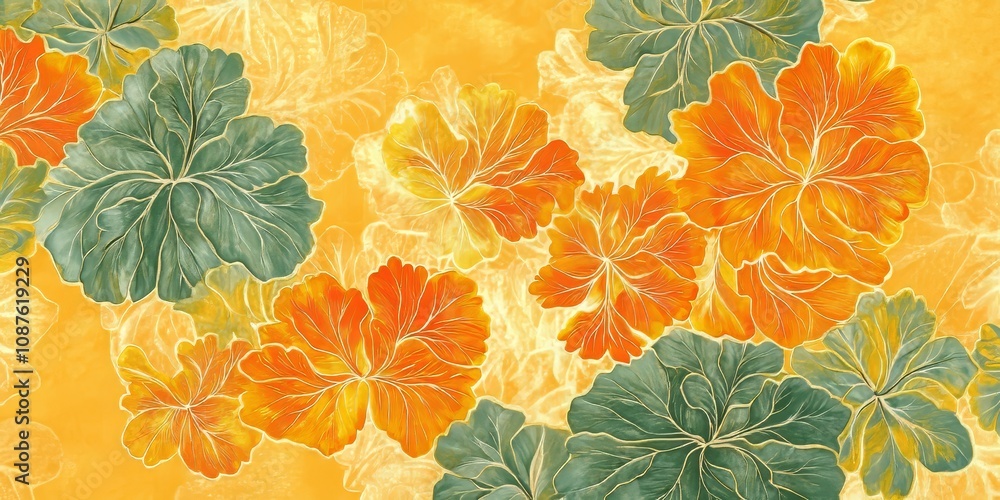 Poster translucent silk texture showcases a large pattern against a yellow background, featuring abstract l
