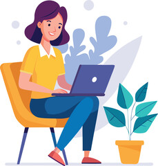 a girl is using his laptop vector