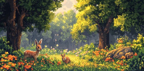 Obraz premium Lush Forest Landscape with Pixel Art Aesthetic Highlighting Playful Deer and Bunny Amidst Vibrant Flowers and Lush Greenery in a Serene Natural Environment