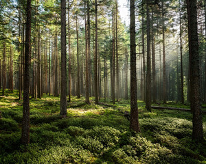 Obraz premium A misty pine forest at dawn, featuring towering trees and green grass, creating an enchanting and atmospheric scene, ai.