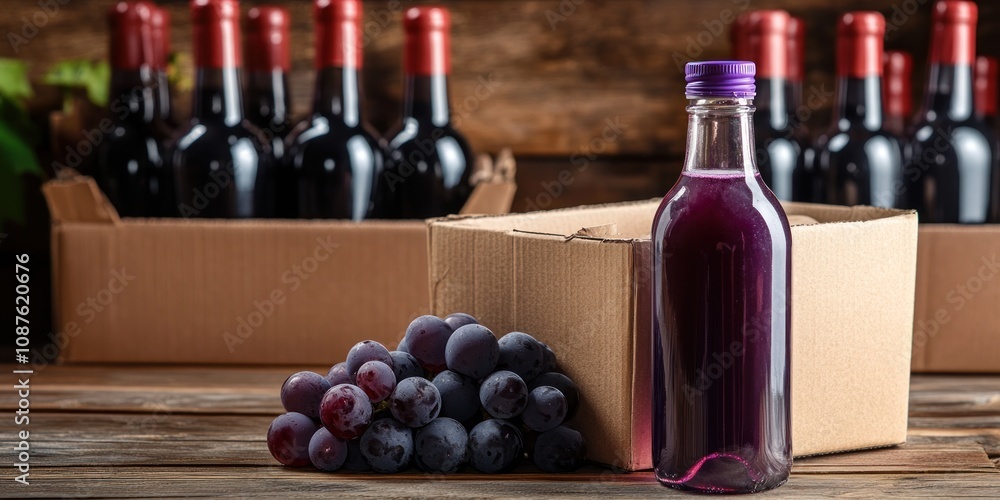 Poster a bottle of grape juice beside grapes and wine bottles in a rustic setting.