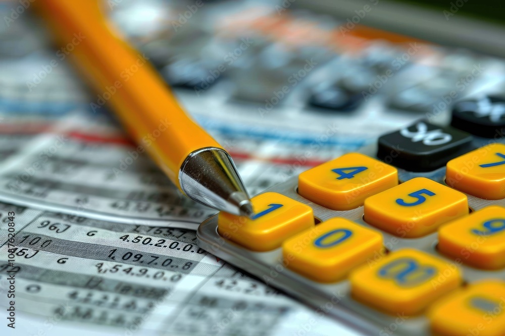 Poster yellow calculator buttons and a pen resting on a spreadsheet