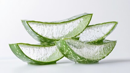 Three aloe vera slices stacked with glistening gel, against a white background, highlighting its natural health benefits.