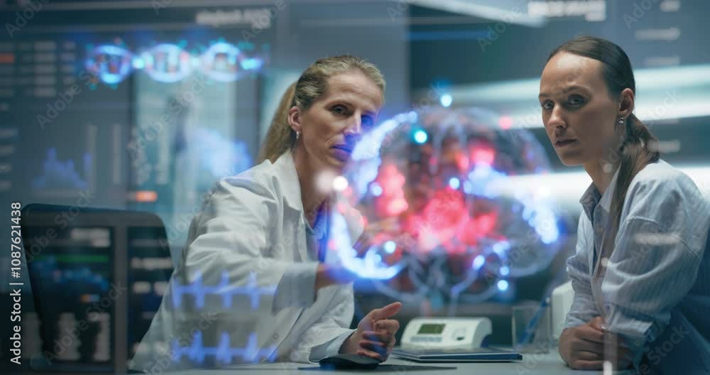 Poster medical professional talks with patient using futuristic holographic brain model. mapped neural, gen