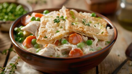 A comforting bowl of creamy chicken pot pie, brimming with tender chicken