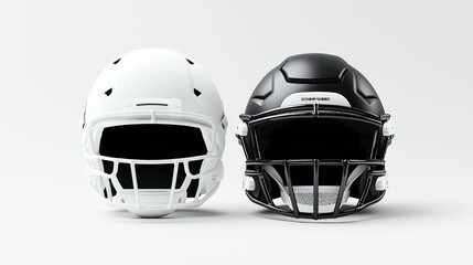Fototapeta premium Front view of two football helmets in white and black colors displayed against a plain background. The helmets feature protective faceguards and showcase modern sports equipment design.