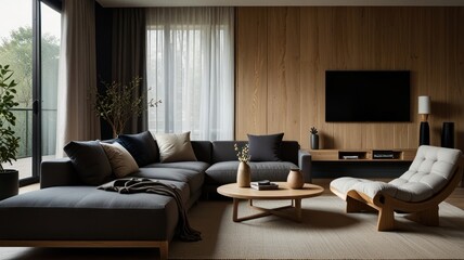 Modern living room with sectional sofa, wooden wall, and armchair.