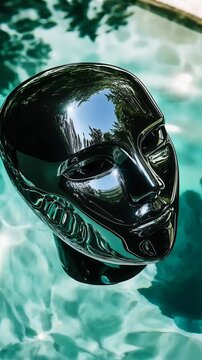 Reflective black mask floating on water surface