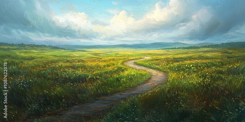 Poster an empty path meanders through lush fields, creating a serene atmosphere. this empty path invites ex