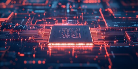 Obraz premium Advanced high tech concept showcasing the visualization of a circuit board with a CPU processor and microchip, illustrating the emergence of artificial intelligence and digitalization in data