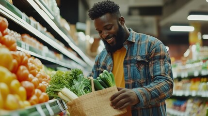 Obraz premium A Black man happily chooses organic vegetables and fills a cloth bag in a colorful grocery store
