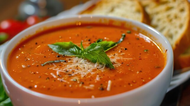 A comforting bowl of creamy tomato basil soup with roasted tomatoes, garlic