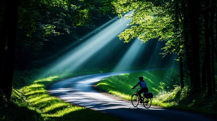 Cyclist riding along a scenic forest path with sun rays shining
