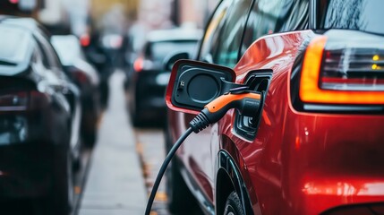 Obraz premium An orange electric car is charging on a city street with a woman walking in the background.