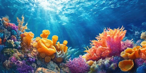 Obraz premium Vibrant ocean floor showcasing an array of sea sponges amidst a thriving coral reef, highlighting the beauty of sea sponges within their natural habitat in the underwater world.