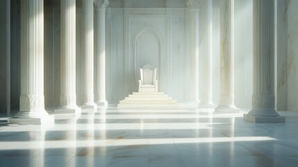 A White Throne in a Marble Hallway with Pillars