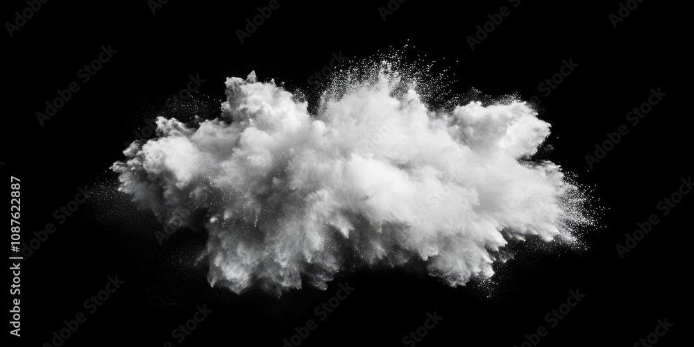 Poster bizarre white powder explosion cloud forms a striking contrast against a dark background. this capti