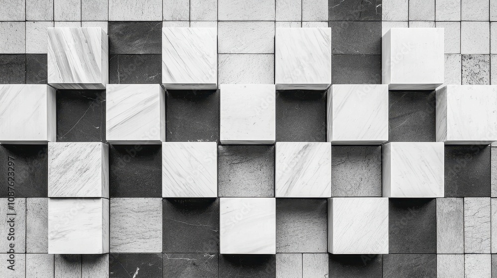 Poster abstract arrangement of geometric blocks in black and white patterns