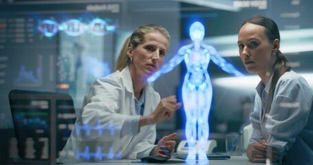 Doctor And Patient Discussing Diagnosis, Using Anatomical Holograms. AI Processes Biometrics, Genomic Sequence, Cellular Metabolomics, 3D Visualization Of Gene, Physiological For Precision Diagnostic - Powered by Adobe