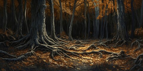 Dark naturalism is beautifully captured in this autumn deciduous forest scene, featuring tree roots intertwined with fallen leaves resting gracefully on the ground within the dark naturalism theme.