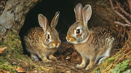 Fototapeta premium Two European rabbits playing near a burrow entrance, with one peeking out and the other nearby on alert.