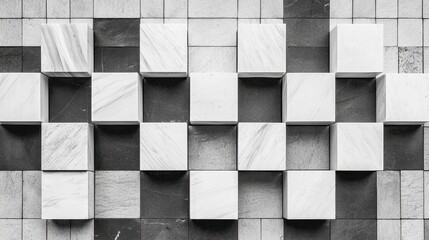 Abstract arrangement of geometric blocks in black and white patterns