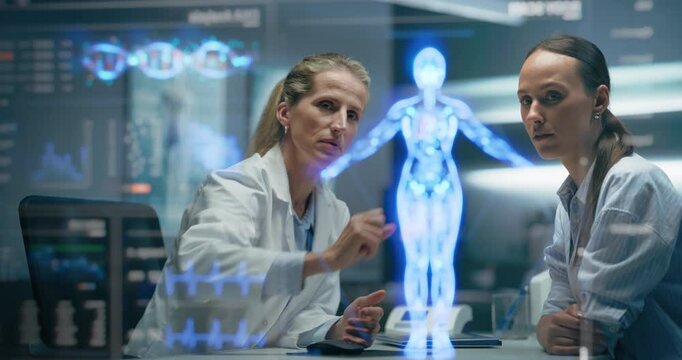 Doctor And Patient Discussing Diagnosis, Using Anatomical Holograms. AI Processes Biometrics, Genomic Sequence, Cellular Metabolomics, 3D Visualization Of Gene, Physiological For Precision Diagnostic - Powered by Adobe