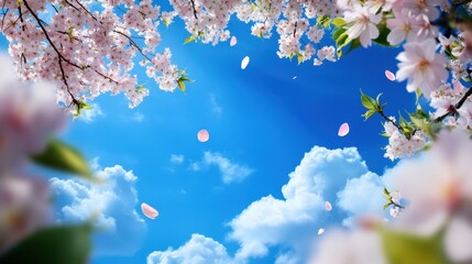 Cherry blossom branches framing a bright blue sky with fluffy white clouds.