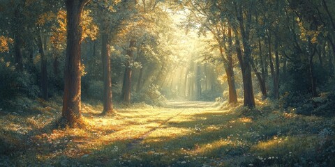 Obraz premium Sunlit clearing in the forest showcases the beauty of nature, where the forest meets open space, creating a serene atmosphere perfect for exploring the tranquil clearing in the forest.