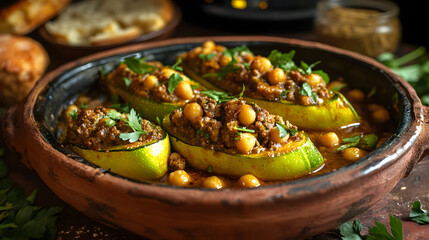 Captivating Image of Algerian Dolma: Zucchini Stuffed with Spiced Meat and Served in Rustic Style with Authentic Bread