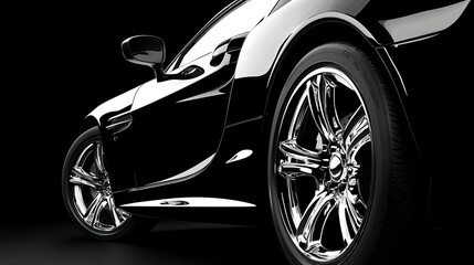 Sleek black sports car with shiny chrome wheels on a dark background