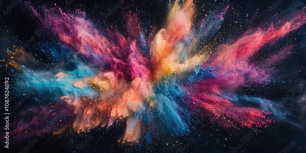 Poster vibrant abstract powder explosion on a dark backdrop, showcasing an array of colorful hues. this stu