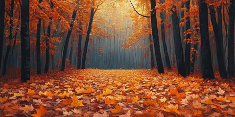 Fototapeta premium Autumn forest scene featuring a carpet of fallen leaves, showcasing the vibrant colors and serene beauty of autumn foliage in a tranquil forest setting with abundant fallen leaves.