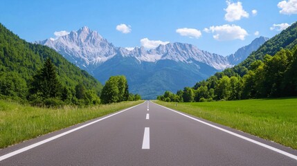 Fototapeta premium A picturesque highway stretches towards majestic mountains under a clear blue sky, surrounded by lush greenery.