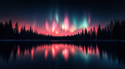 Aurora borealis with vibrant colors over a serene lake surrounded by pine trees at night, reflecting on the water's surface under a starry sky