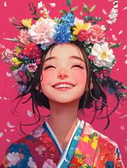 Naklejka premium Joyful Geisha in Blooming Crown - A smiling girl in a vibrant kimono, adorned with a floral crown, embodies happiness, spring, beauty, tradition, and joy.