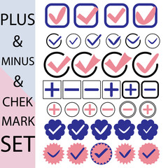 Best quality icon set.Check mark logo. Vector illustration. plus minus icon set.  vector icons check mark and plus minus icons.hand drawn vector icons of various designs, styles and shapes