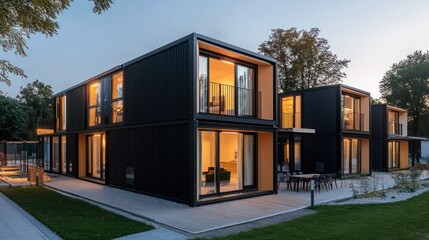 Modern, black, container home with large windows and outdoor patio at dusk.