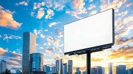 Fototapeta premium Free blank billboard mockup. A large blank billboard stands against a vibrant sky and modern cityscape, highlighting urban advertising potential.