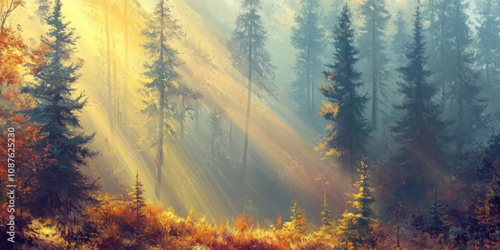 Poster sunbeams filtering through a coniferous forest create a serene atmosphere on a misty autumn morning,